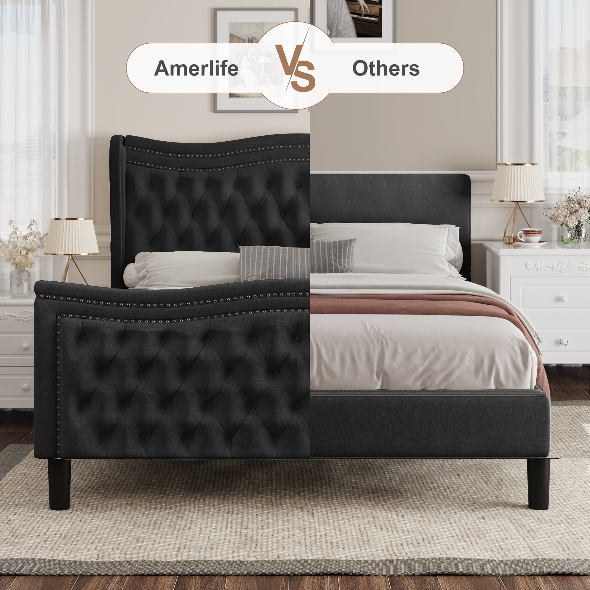 Miniyam Velvet Queen Size Bed with Button-Tufted Wingback Headboard for Adult, Black