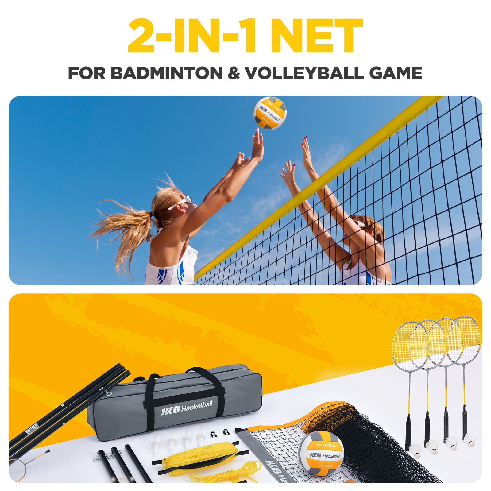 Haokelball Outdoor Volleyball and Badminton Combo Set with Net Width and Height Adjustable Volleyball Badminton Net for Backyard, 4 Rackets, 4 Shuttlecocks, Boundary, Volleyball, Pump and Carry Bag