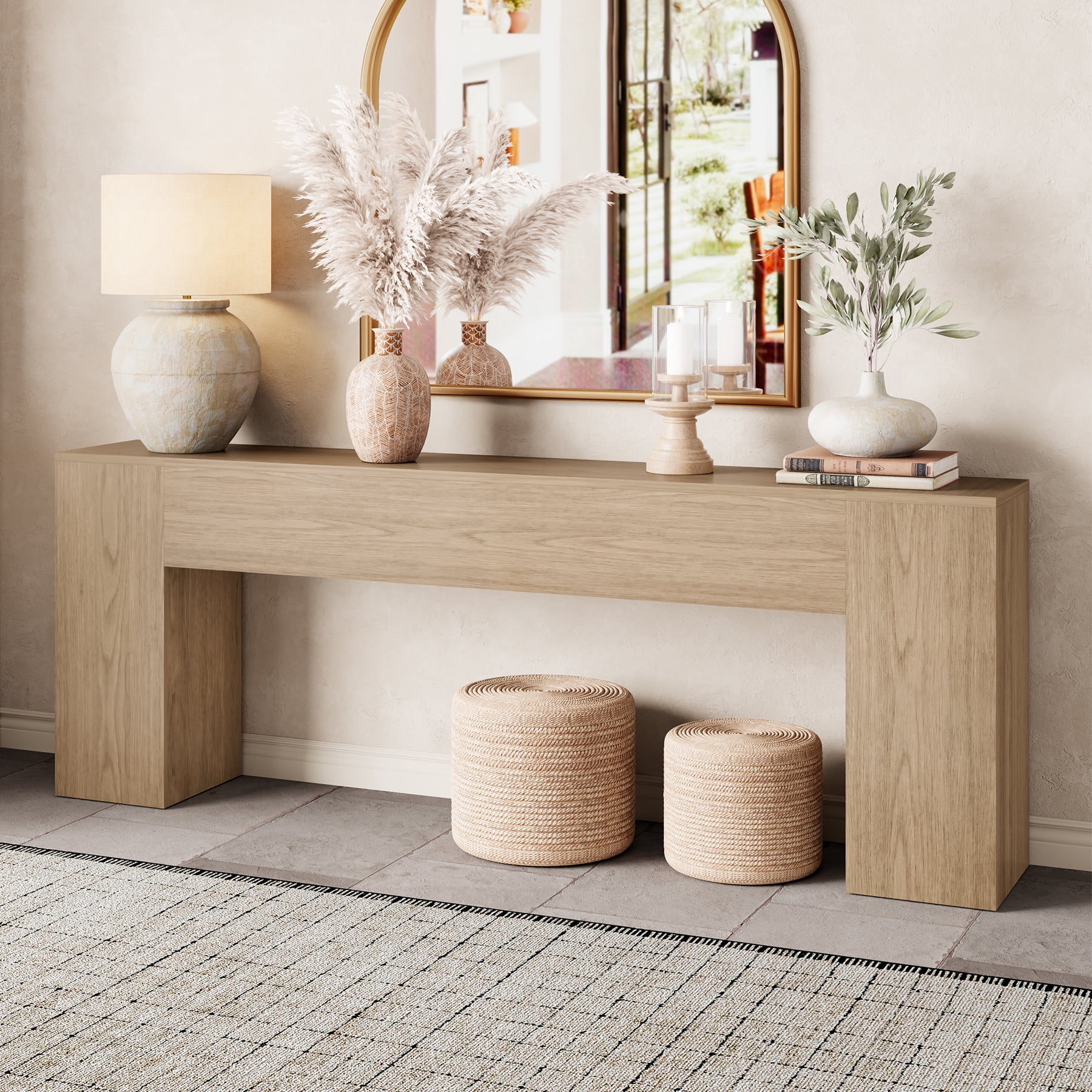 86-Inch Oak Console Table for Living Room, Farmhouse Extra Long Entryway Table, Wood Sofa Table Behind Couch for Hallway, Entry Way, Entrance, Light Oak