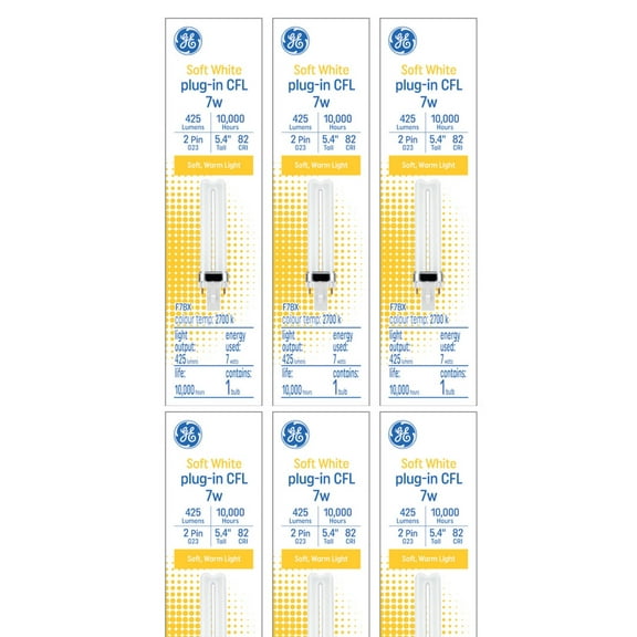 (case of 6) GE Soft White 7 watt Plug-in CFL G23 Base, 5.4-inch F7BX Light Bulb, 2700K Soft warm white, 425 lumen, plug-in biax compact fluorescent