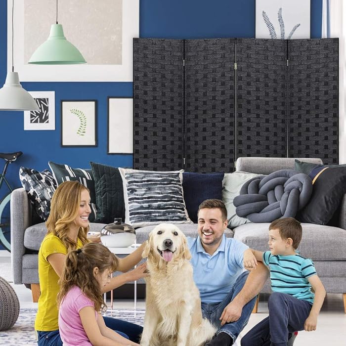 Room Dividers and Folding Privacy Screens 4 Panel 6 ft Foldable Portable Room Seperating Divider, Handwork Wood Mesh Woven Design Wall, Freestanding, Black