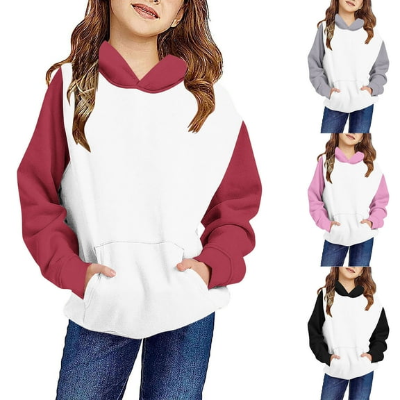 FAIWAD Girls Hoodies Sweatshirt with Pockets Long Sleeve Color Block Pullover Kids Casual Sport School Clothes 4-14 Years