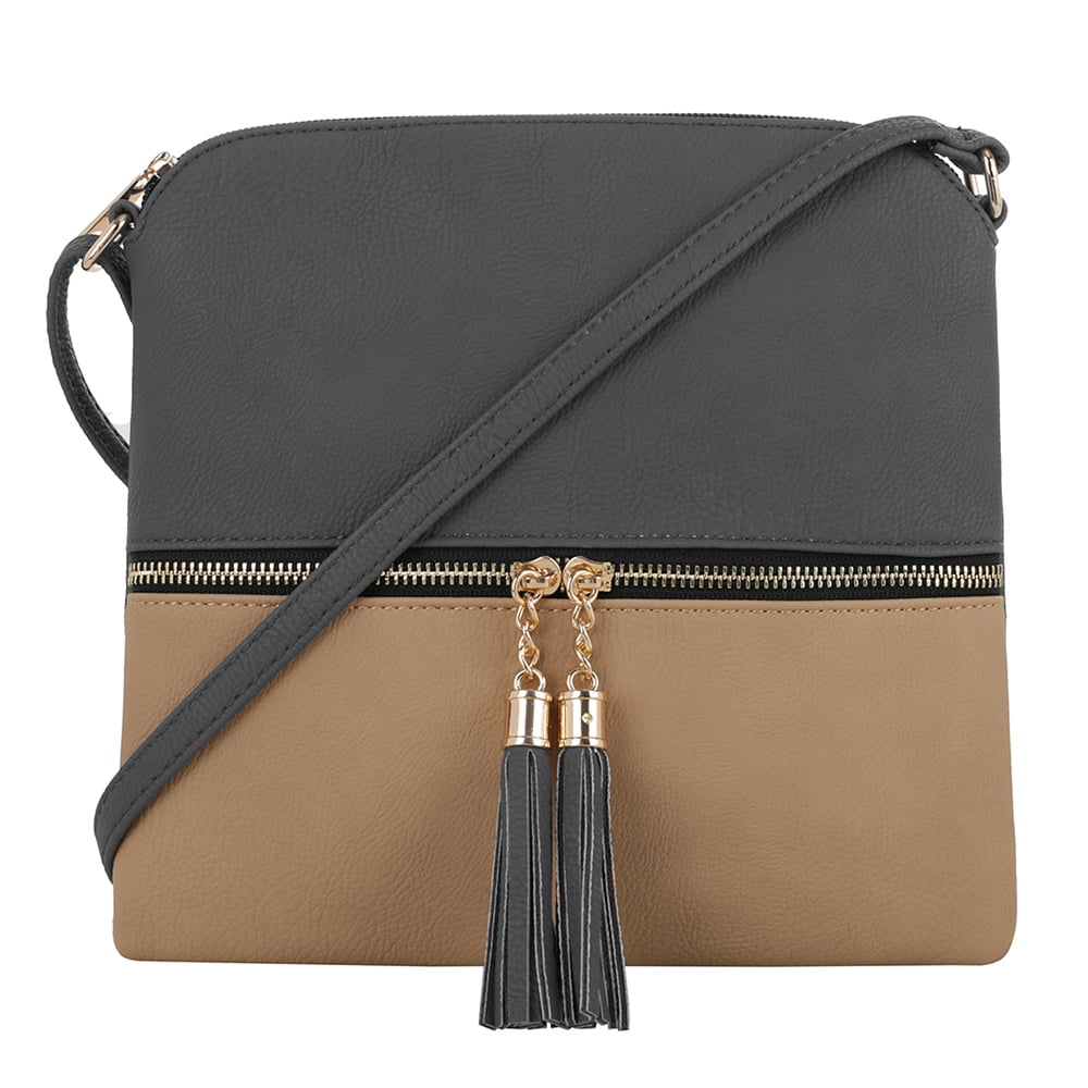 Lightweight Colorblock Medium Crossbody Bag with TasselGray/Taupe