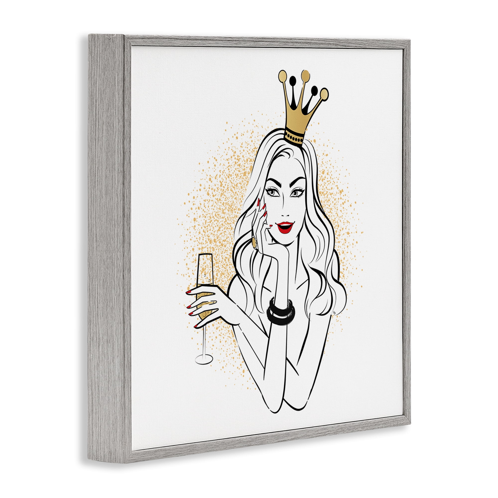 Stupell Industries Princess with Champagne Novelty Painting Gray Framed Art Print Wall Art, 24 x 24
