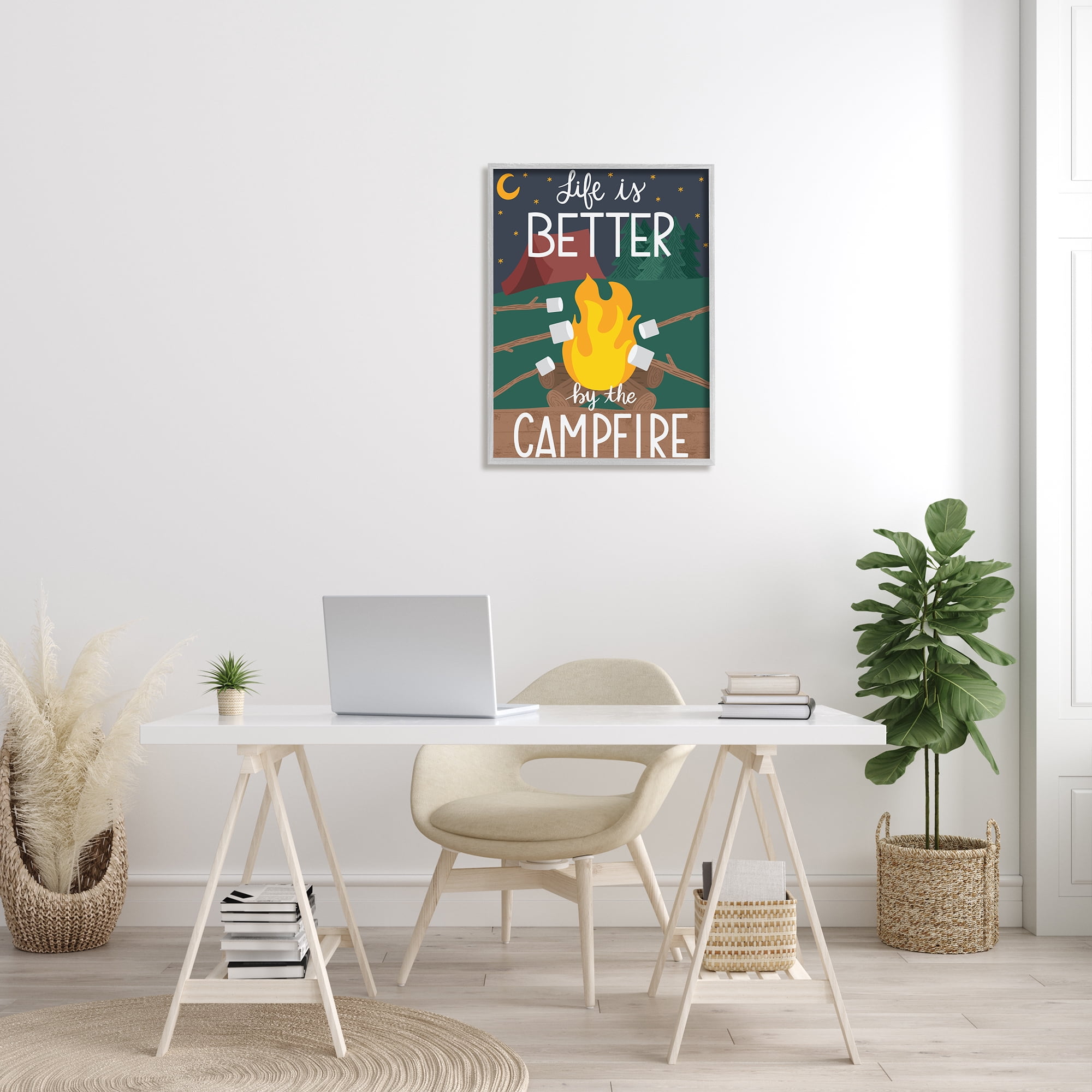 Stupell Industries Life's Better by Campfire Phrase Outdoor Summer Adventure Typography Painting Gray Framed Art Print Wall Art, 24 x 30