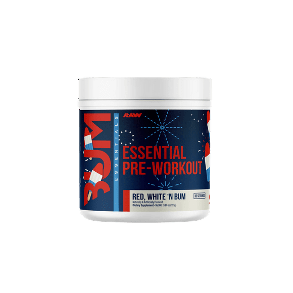 RAW CBUM ESSENTIAL PRE WORKOUT 30 SERV RED, WHITE N BUM