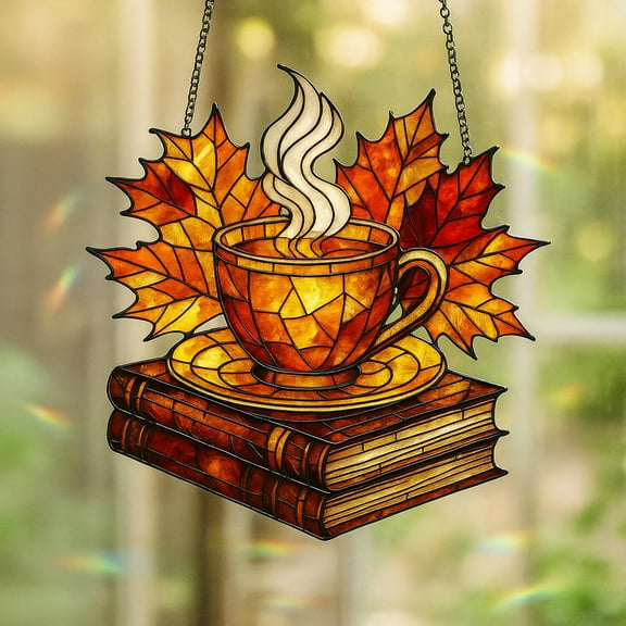 Autumn Tea Cup And Book Acrylic Suncatcher, Cozy Fall Window Hanging, Cozy Season Stained Glass, Fall Leaves Ornament, Bookish Home Decor
