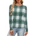 thumbnail image 6 of Tops for Women Long Sleeved Plaid Casual Round Neck Printing Fitting Pit Stripe Blouse Army Green M, 6 of 6