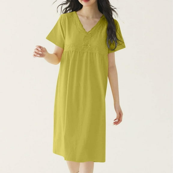 Blmnix Women's Nightgowns Moomoo Cotton Sleepshirts Green Casual Short Sleeve V-Neck Sleep Dress