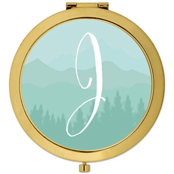 Koyal Wholesale Gold Compact Mirror Bridesmaid's Wedding Gift, Aqua Watercolor Rustic Trees, Monogram Letter J, 1-Pack