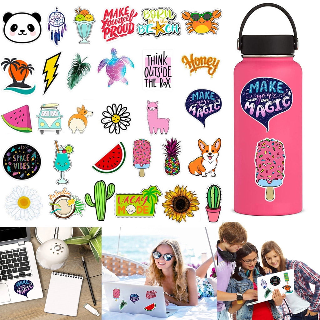 Yellow+Blue+Pink+Green 4 Colors Unique Durable Aesthetic Trendy Stickers 200-Pcs Cute Mixed Stickers for Water Bottles Funny Waterproof Vinyl Stickers Decals for Teens,Girls and Women