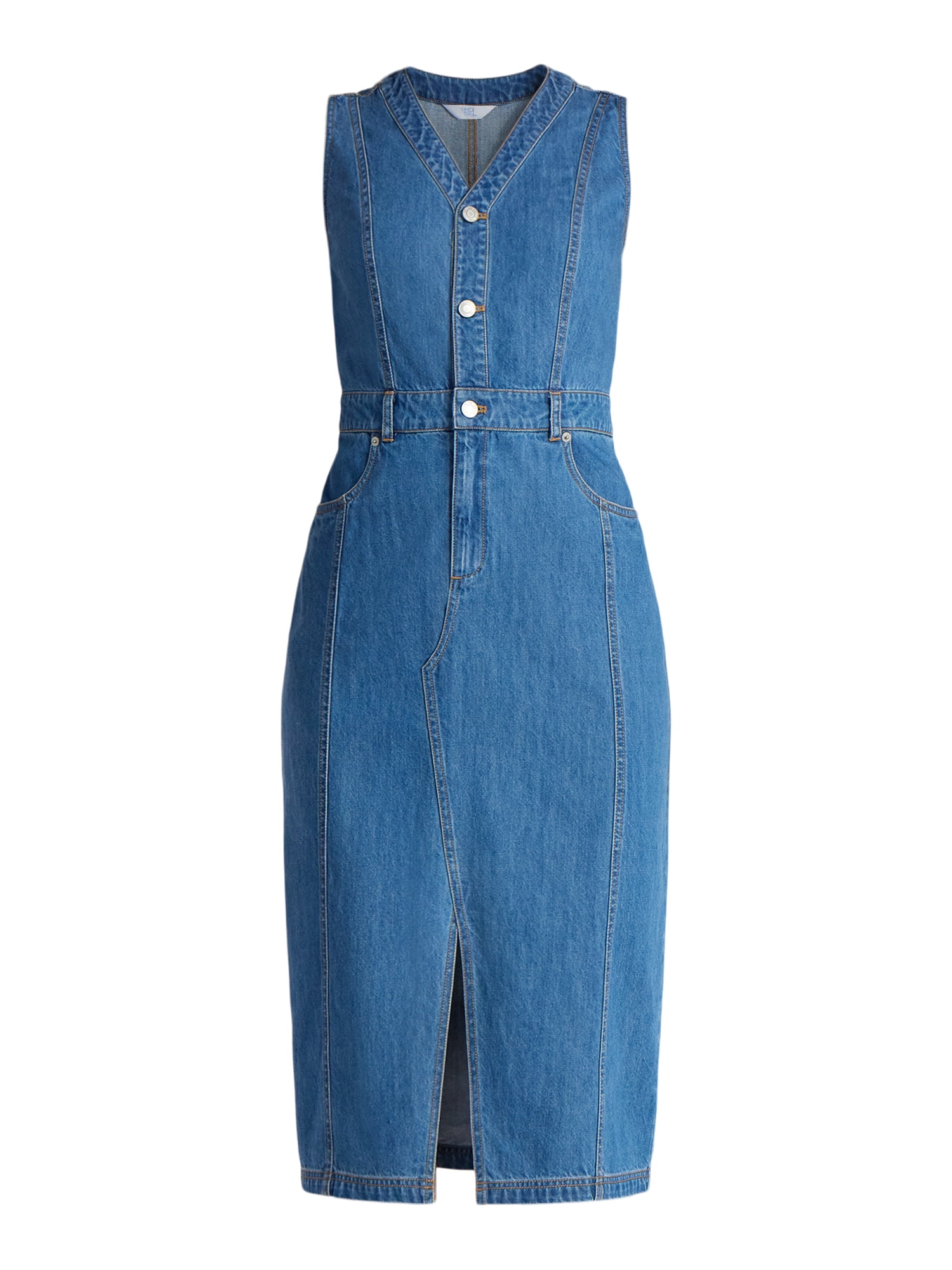 Time and Tru Women’s Sleeveless Midi Denim Shirt Dress, XS-3XL