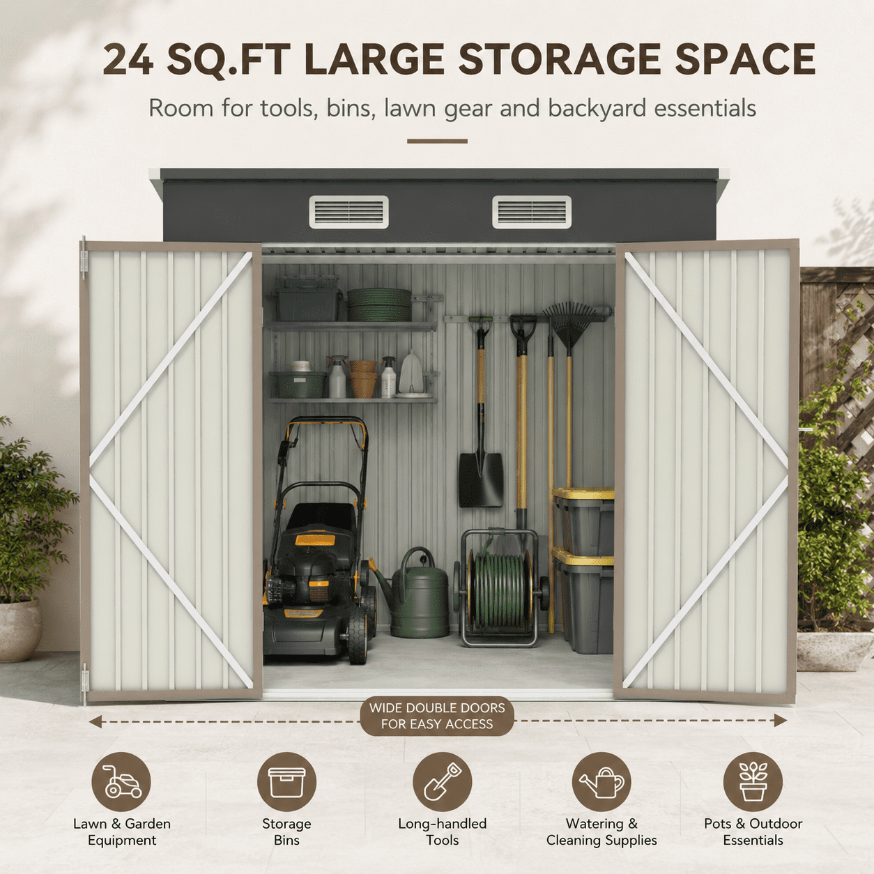6x4ft Shed Outdoor Storage, All-weather Metal Garden Shed W/Floor, Galvanized Steel Tool Storage Shed, Double Lockable Doors, Brown