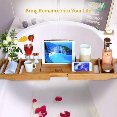 Collapsible Bamboo Bathtub Caddy Tray Removable Wooden Bath Rack Shower Table Wine Glass Holder Cellphone