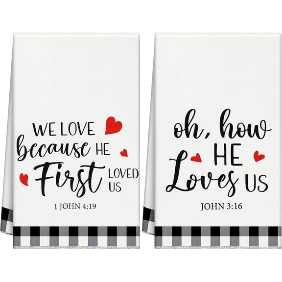 2 Pcs Buffalo Plaid Valentine Kitchen Towels Christian Gifts Oh How He Loves Us Rustic Kitchen Towels Dish Religious Valentines Decor Jesus Gifts for Women