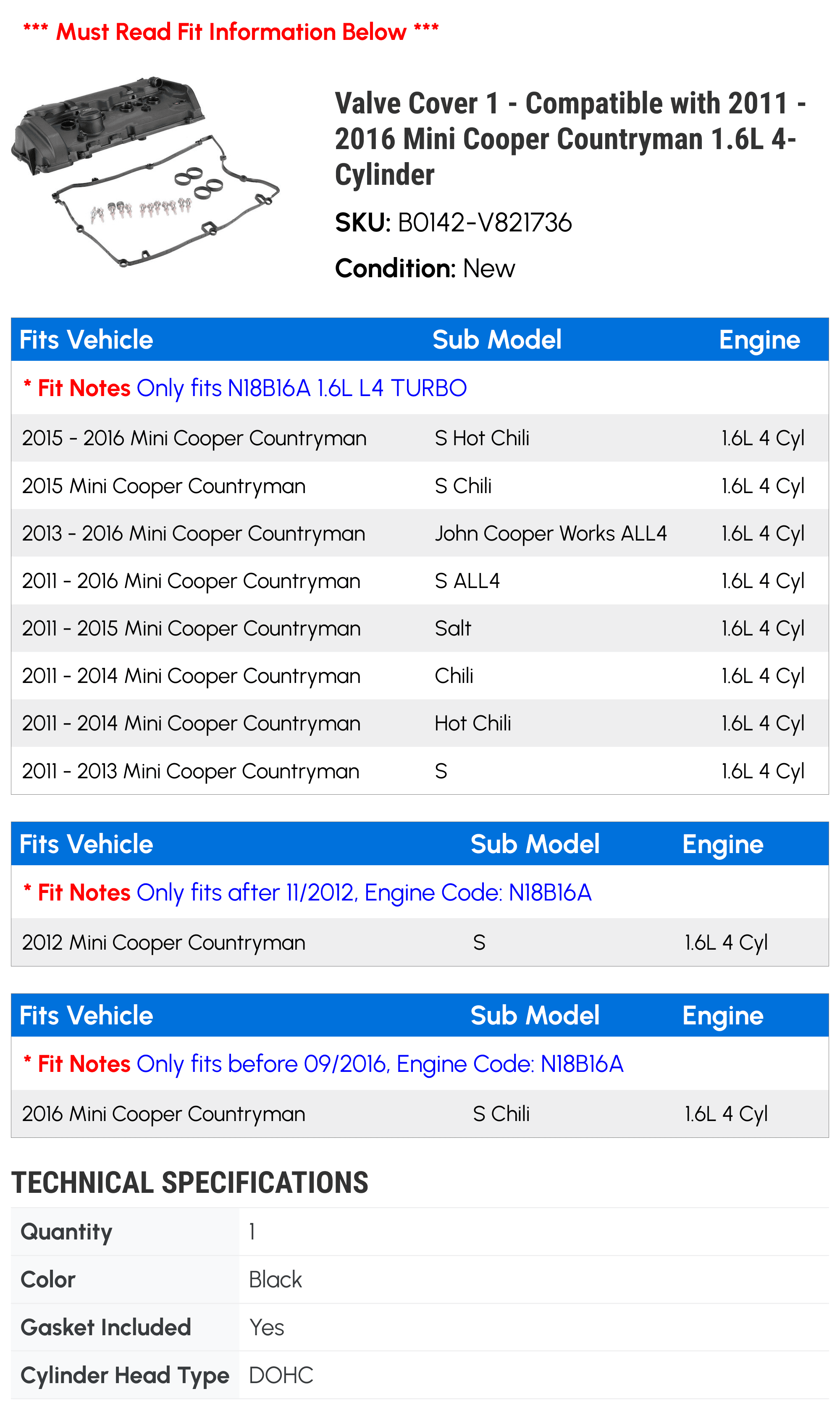 Valve Cover 1 - Compatible with 2011 - 2016 Mini Cooper Countryman 1.6L 4-Cylinder - Autopart Premium