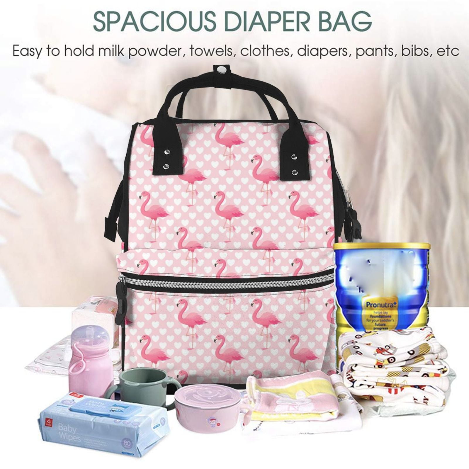 Ratiio Cute Flamingo with Heart Mummy Backpack - Waterproof Twill Canvas, Large Capacity Diaper Bag with Multiple Pockets and Adjustable Straps