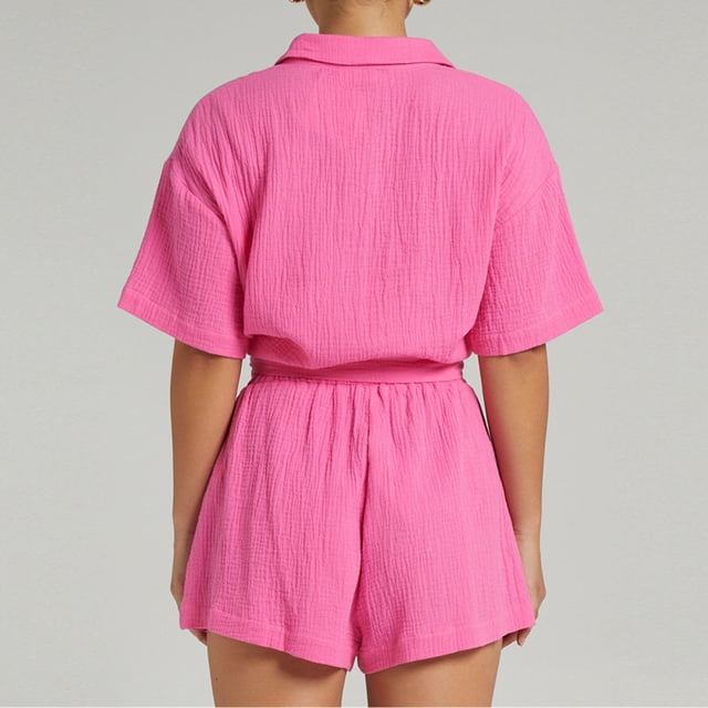Revers Chemise + Short Camisa sólida para mujer + Pantalones cortos 2 piezas Camisa de verano + Pantalones cortos sueltos Chándales (Rose Red M) Kuymtek para Mujer Rosa roja T L