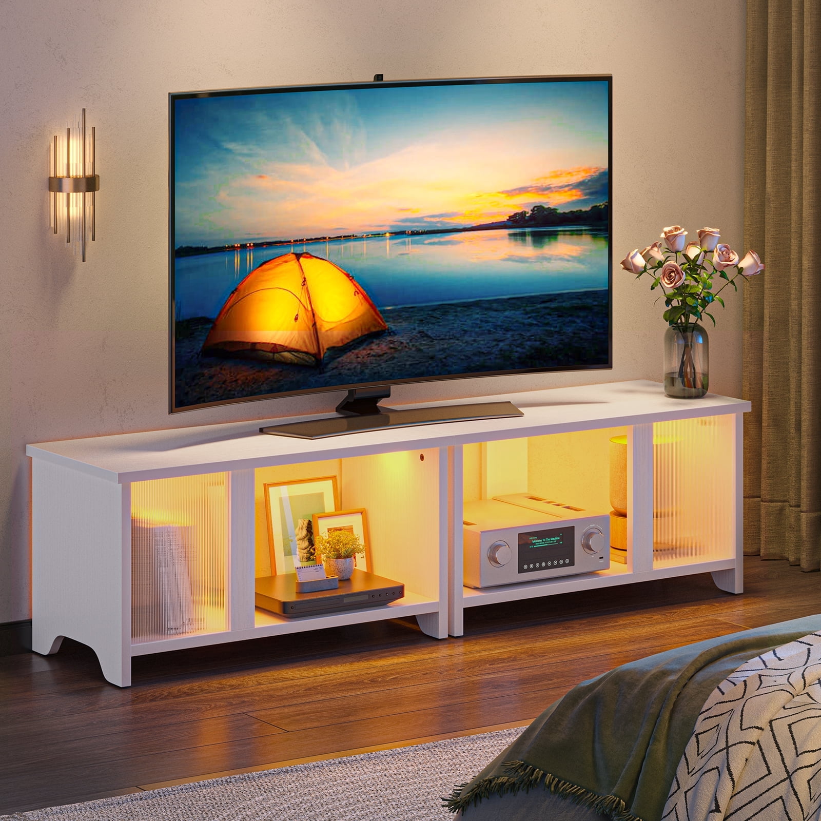 Pinmoco LED TV Stand for TVs up to 65'', Expandable Side by Side or Stacking TV Stand with Storage, White