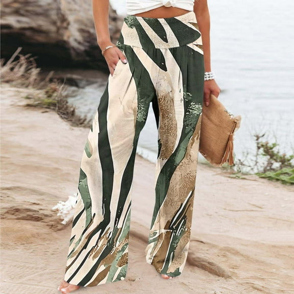 PiGOGI Women's Casual Loose Print Elastic Waist Pants with Pockets - High Waisted Straight Leg Trousers for Daily Wear Brown XL