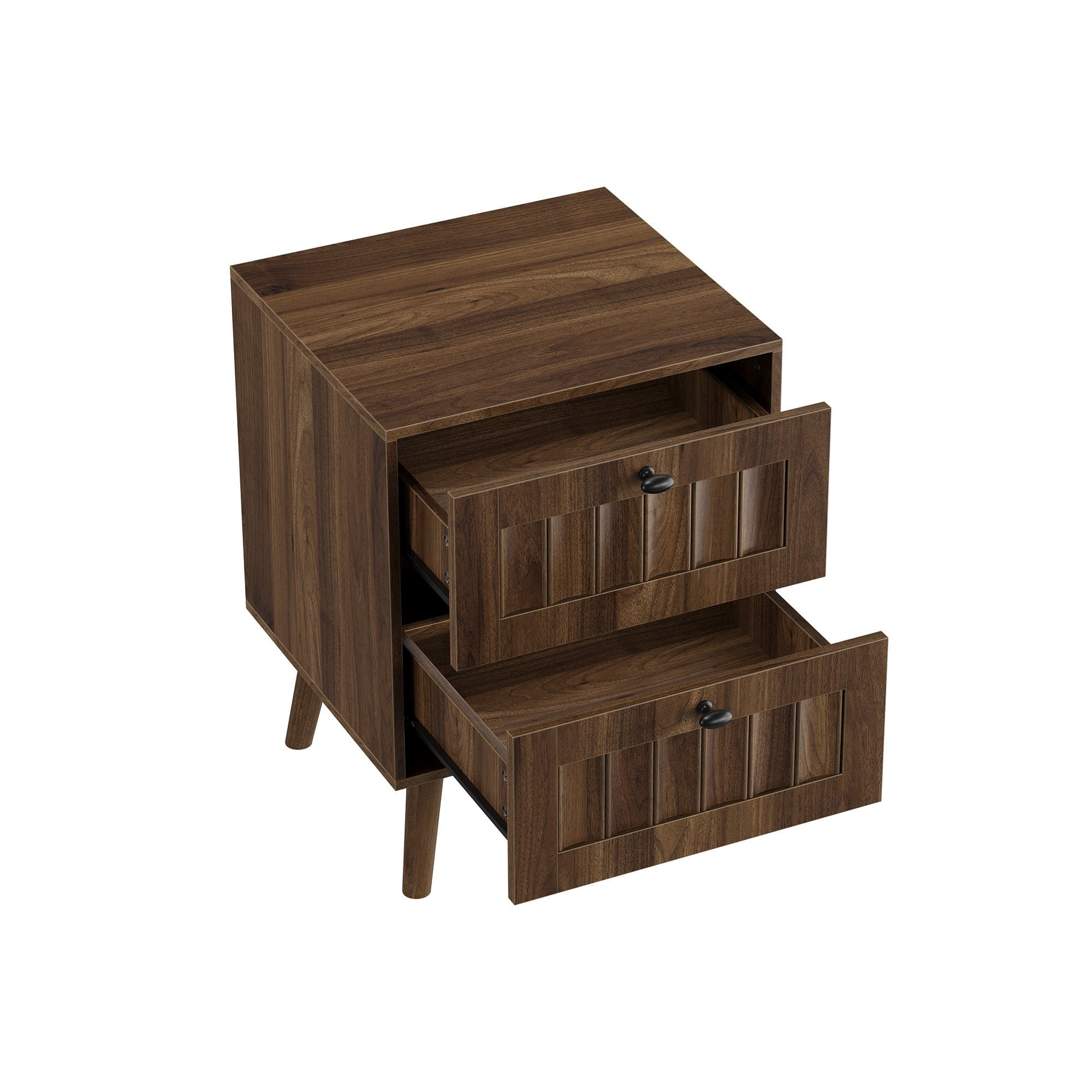 Sailvan Mid-Century Modern Double-Drawer Bedside Table 2-Pack, Walnut with Solid Wood Legs