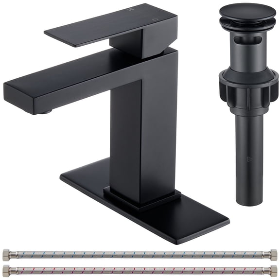 Wowkk Sanitary Ware Single Handle Bathroom Sink Faucet Modern SUS304 Stainless Steel Bathroom Faucet with Pop-up Drain and Water Supply Line, Faucets for Bathroom Vanity RV Sink, Matte Black