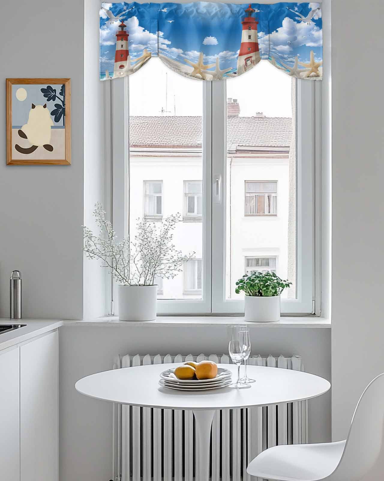Lighthouse Seagull Tie Up Valances Curtain, Adjustable Kitchen Starfish Summer Beach Sandy Valances for Windows Decor, Rod Pocket Short Curtains Set for Bedroom/Bathroom, 54"x18"