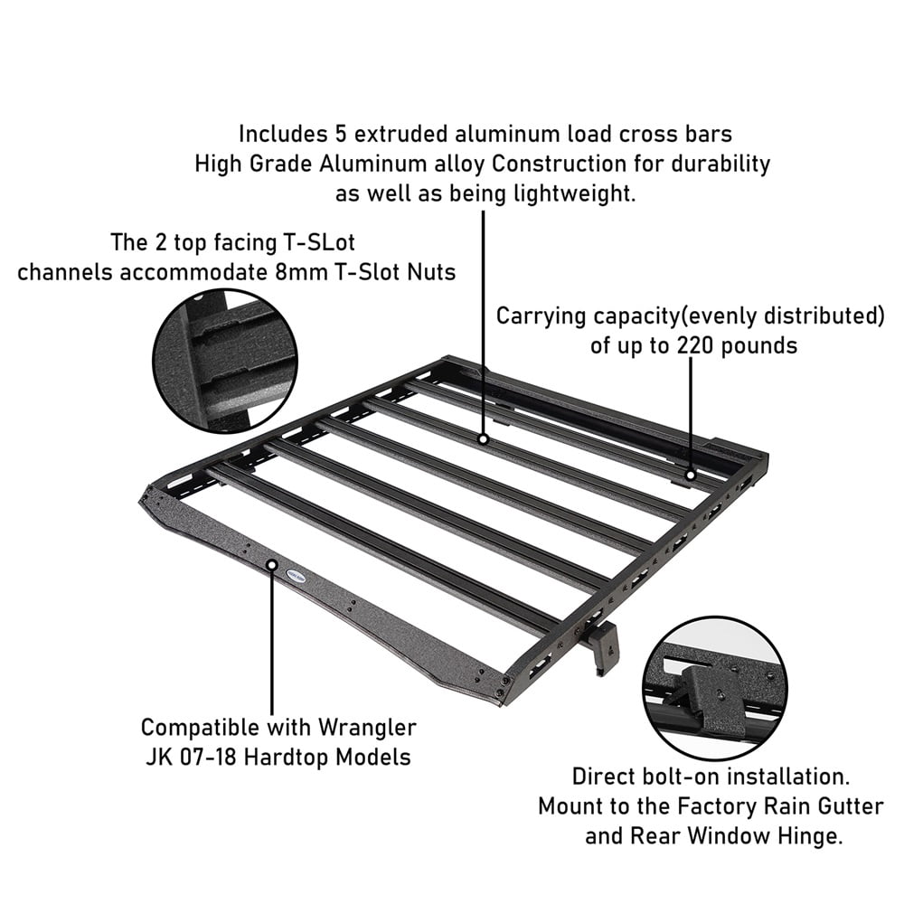 Hooke Road Steel Roof Rack Cargo Luggage Carrier Fit 2007-2018 Jeep Wrangler JK 2Door/4Door Black