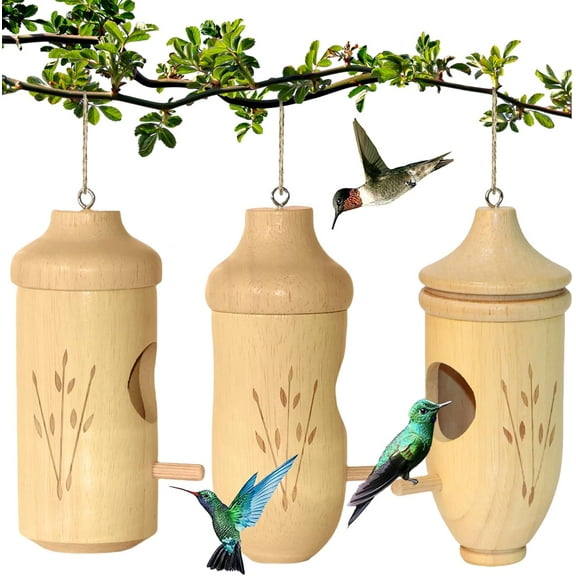 CozyNestFinds Hummingbird House - Natural Wooden Hummingbird Houses for Outside Hanging, Gardening Gifts Home Decoration 3 Packs