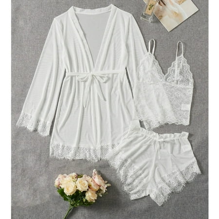 SkyAuks Women s Robes  3 Pieces Floral Lace Lingerie Set with Robe  White(S)
