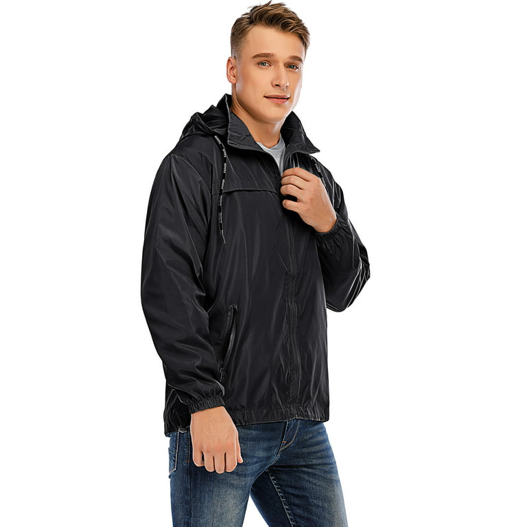 Men Hooded Waterproof Outdoor Jacket Lightweight Rain Jacket Windproof  Water Resistant Jacket for Hiking Casual Work, Big & Tall up to Size 3XL
