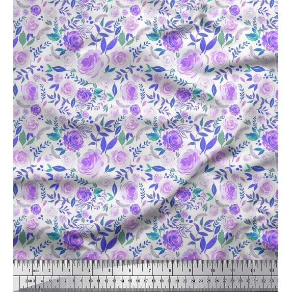 Soimoi Polyester Crepe Fabric Leaves & Grandiflora Roses Floral Decor Fabric Printed Yard 42 Inch Wide