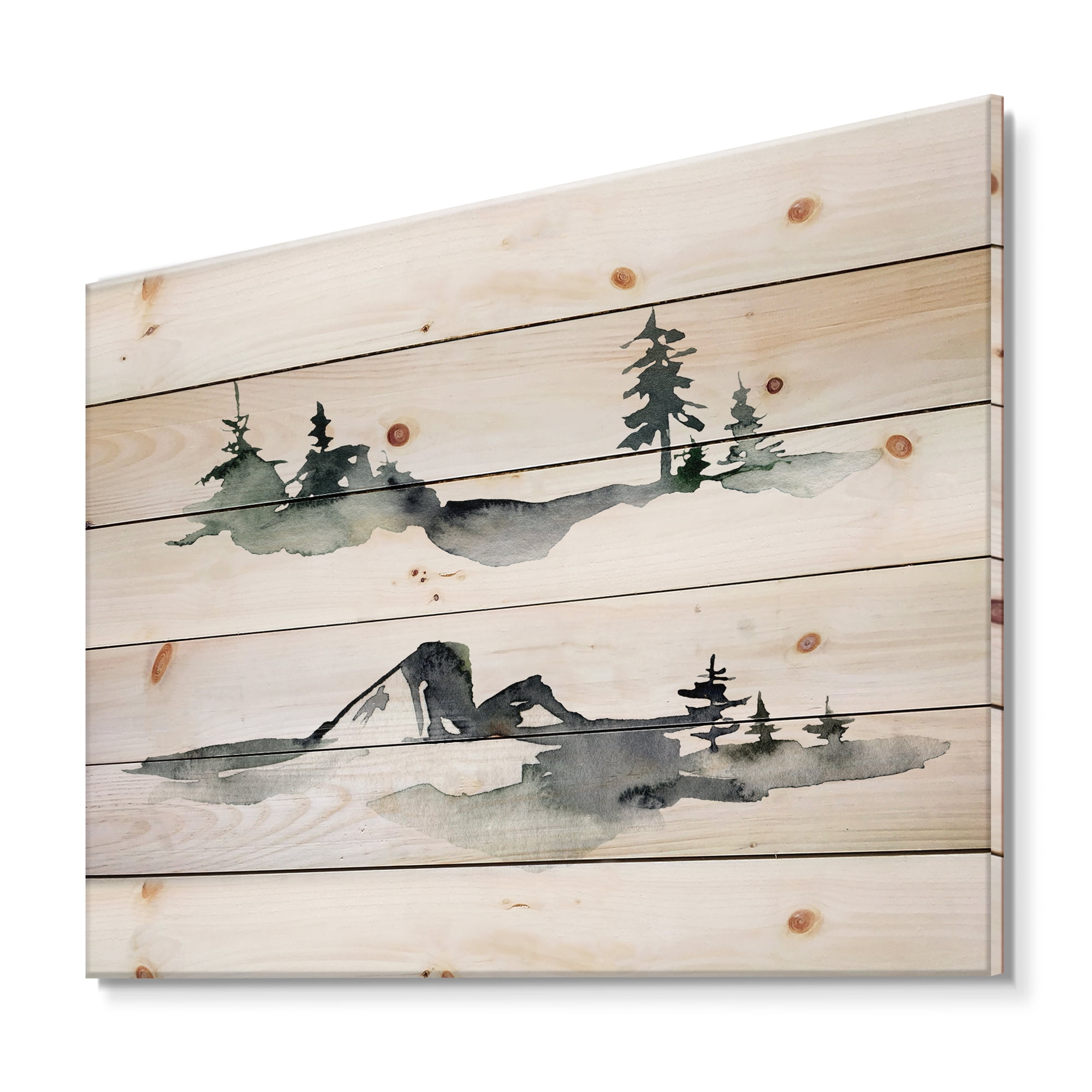 Designart 'Trees With Winter Dark Blue Mountain Landscape I' Modern Print on Natural Pine Wood