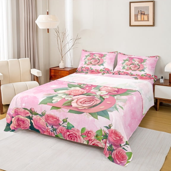 Homewish Girly Pink Monogrammed B Twin Sheet Sets for Women, Valentines Day Twin Fitted Sheet, Spring Garden Rose Flat Sheet, Breathable Home Decor, 3-Piece