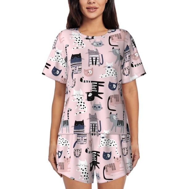 Fotbe Cat Conjunto de Pijama Estampado para Mujer, 2 Piezas, Ropa de Dormir con Camiseta de Manga Corta y Shorts Suaves-Medium