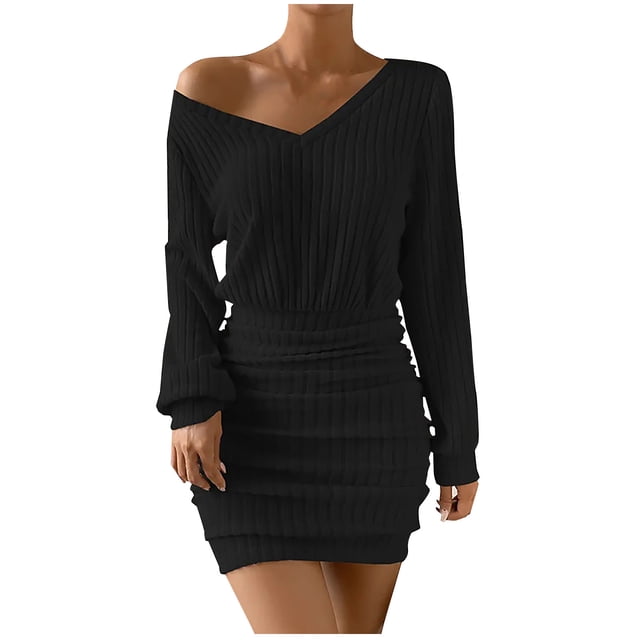 cfhntfmh Robes d'Invitée de Mariage pour Femmes Mode Robe Courte à Manches Longues en Tricot Côtelé Douce à Col en V Froncée Moulante