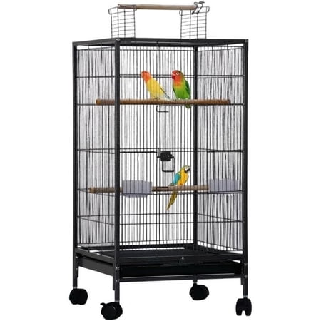 QinaQin Wrought Iron Bird Cage,Bird Cage with Play Open Top & Rolling Stand,Slide-Out Tray,Parrot Cage Applicable to Medium Small Standing Birds,Black