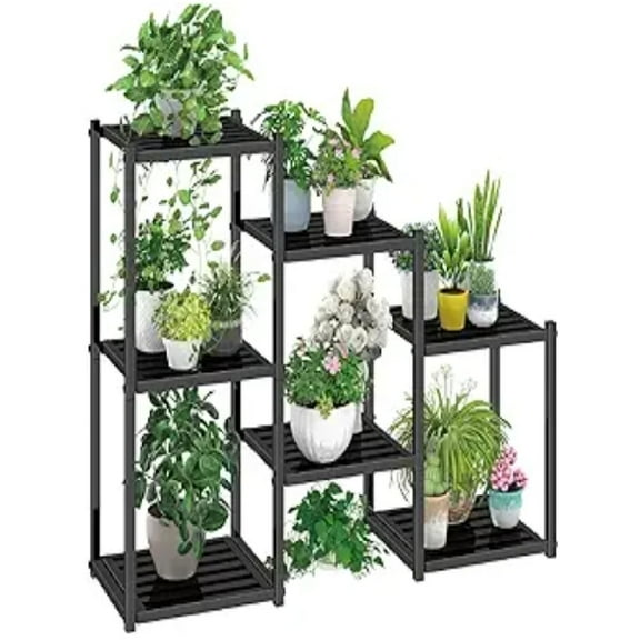 Plant Stand Indoor Outdoor, Heavy Duty Metal Waterproof 7 Tiered Plant Shelf for Multiple Flower Planter Holder Tall Large Rack, Black