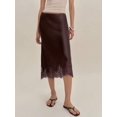 thumbnail image 3 of Brown Silk Satin Midi Skirt With Lace Hem Elastic Waist A-Line Flowy, 3 of 6