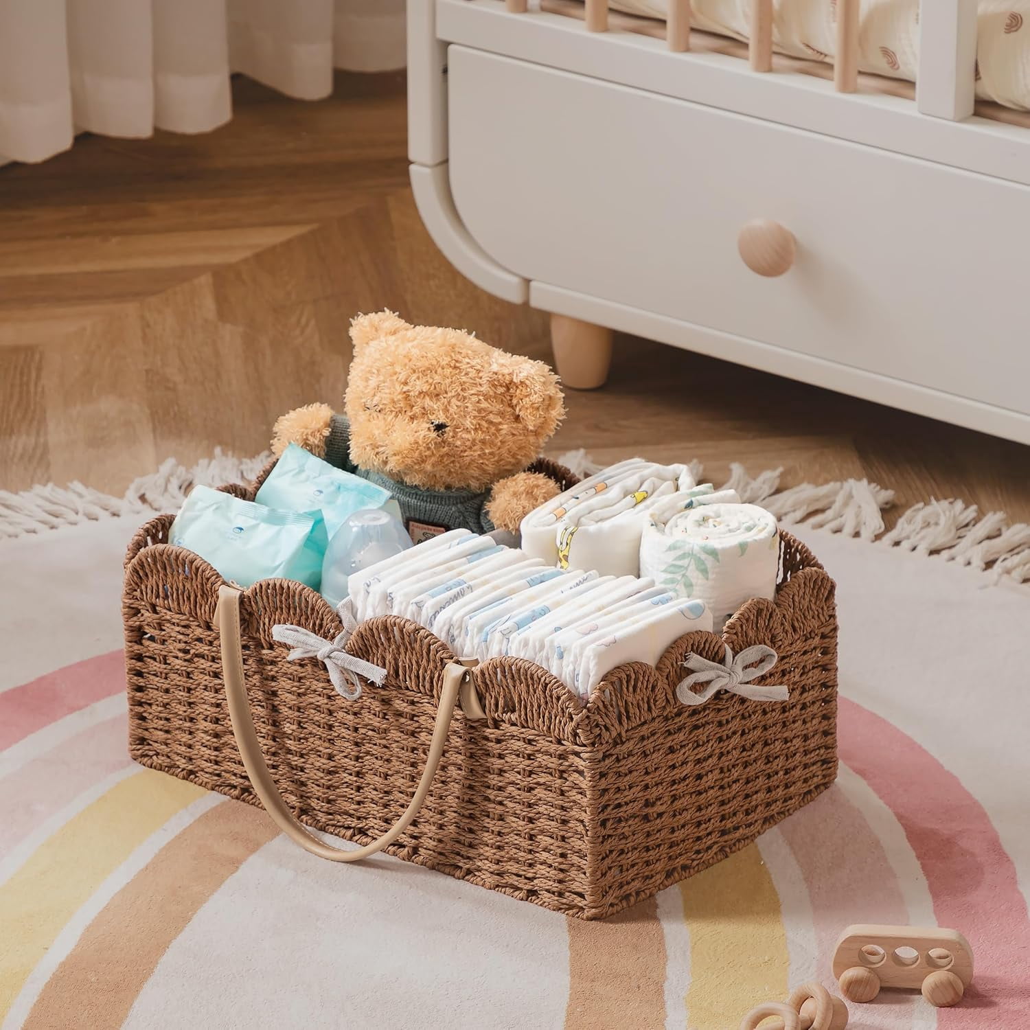 Baby Diaper Caddy, Paper Rope Storage Baskets Nursery Bin with Removable Divider, Portable Car Organizer for Diapers, Baby Shower Gifts, Newborn Essentials Must Haves