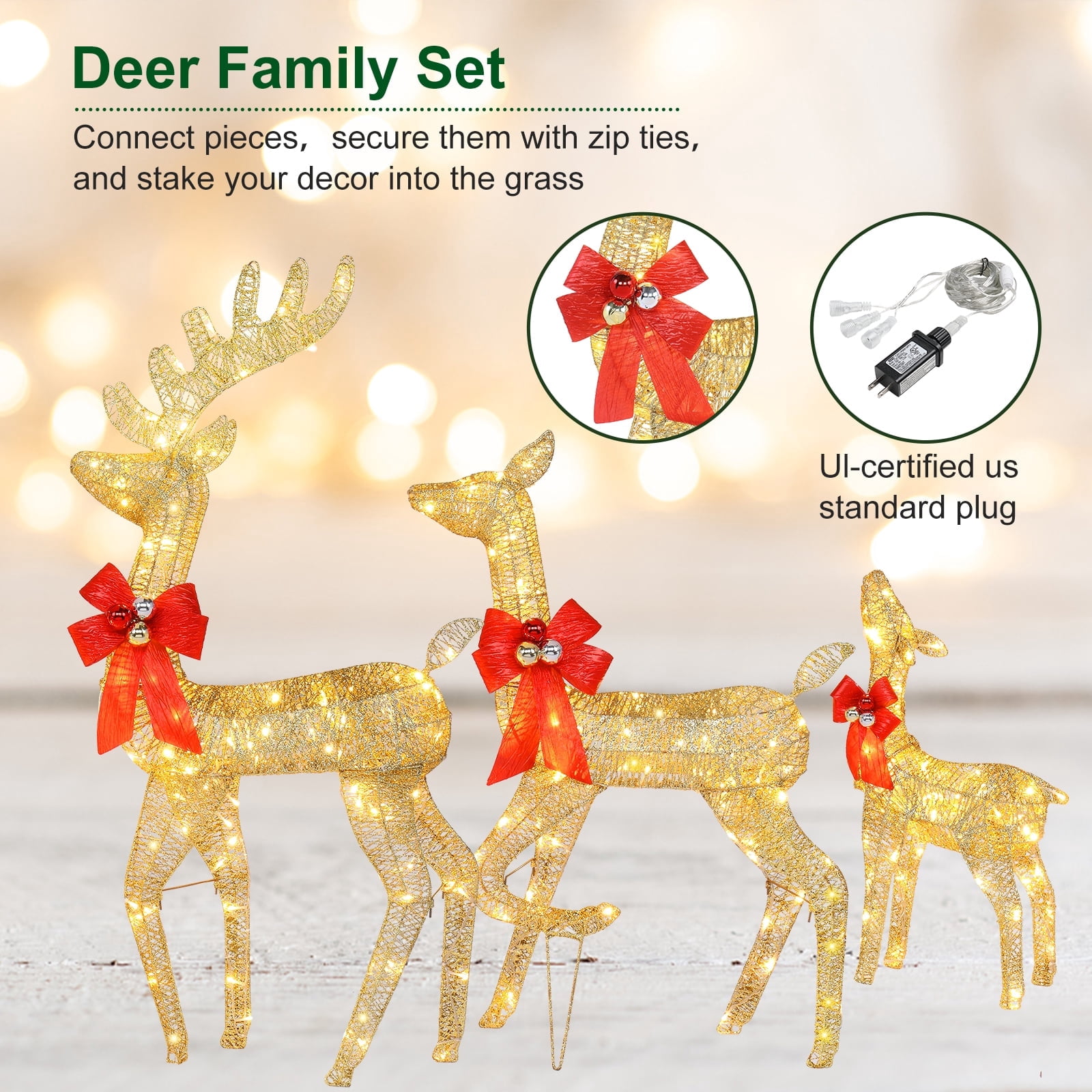 Astoutdoor Golden Iron Frame 3-Piece Family Elk Decoration with Lights