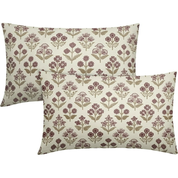 Brown Burgundy Floral Pillow Covers 12x20 Inch Set of 2, Block Print Lumbar Flower Cream Decorative Throw Pillowcases Outdoor Farmhouse Rectangle Cushion Covers Spring Summer Sofa Couch Bed Decor