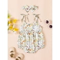 thumbnail image 3 of FEORJGP Infant Baby Girl Cami Jumpsuit Newborn Floral Print Tie-Up Sleeveless Romper Ruched Summer Bodysuit with Bow Headband Toddler Girls Cute Sweet Outfit, 3 of 7