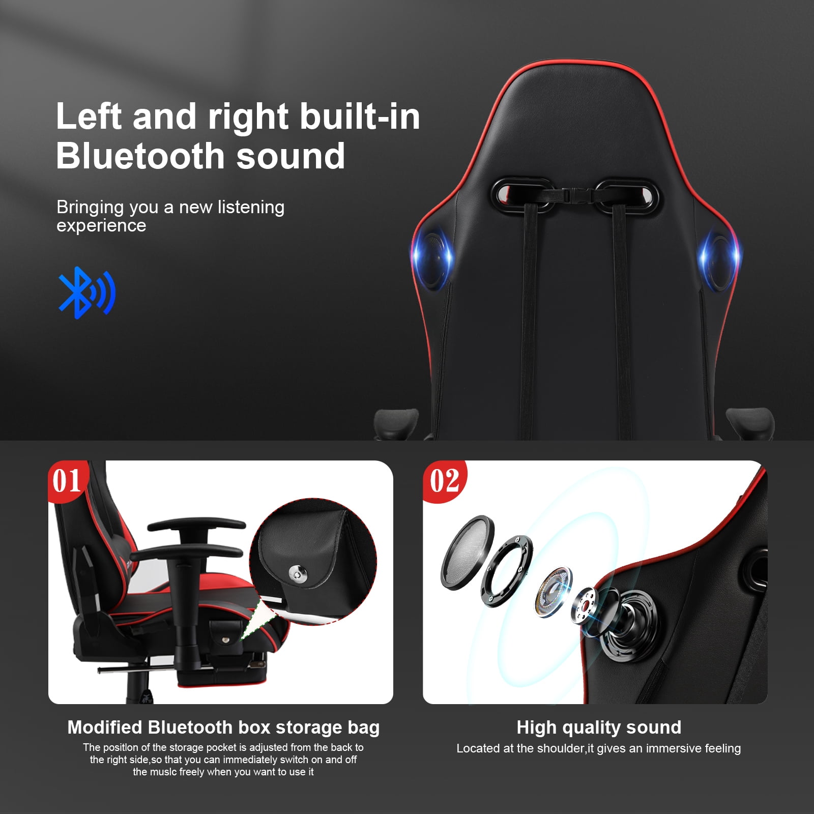 GTRACING Music Gaming Chair with Footrest Ergonomic Reclining PU Leather Office Chair, Red
