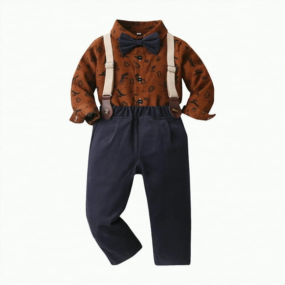 Zanarzt Newborn Baby Boys Outfits Boys Long Sleeved Shirt and Overalls Suit Comfortable Soft and Fashionable Christmas Print Gentleman Suit for Boys Brown,13-14 Years