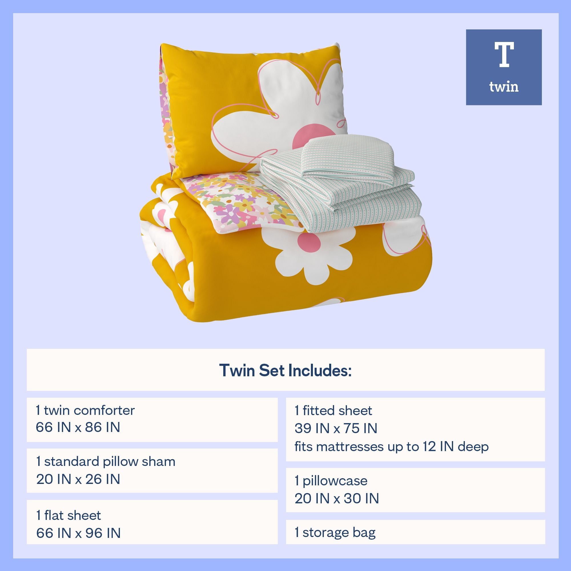 Mainstays Kids Daisy Reversible Comforter Set with Sheets, Twin, 5 Pieces