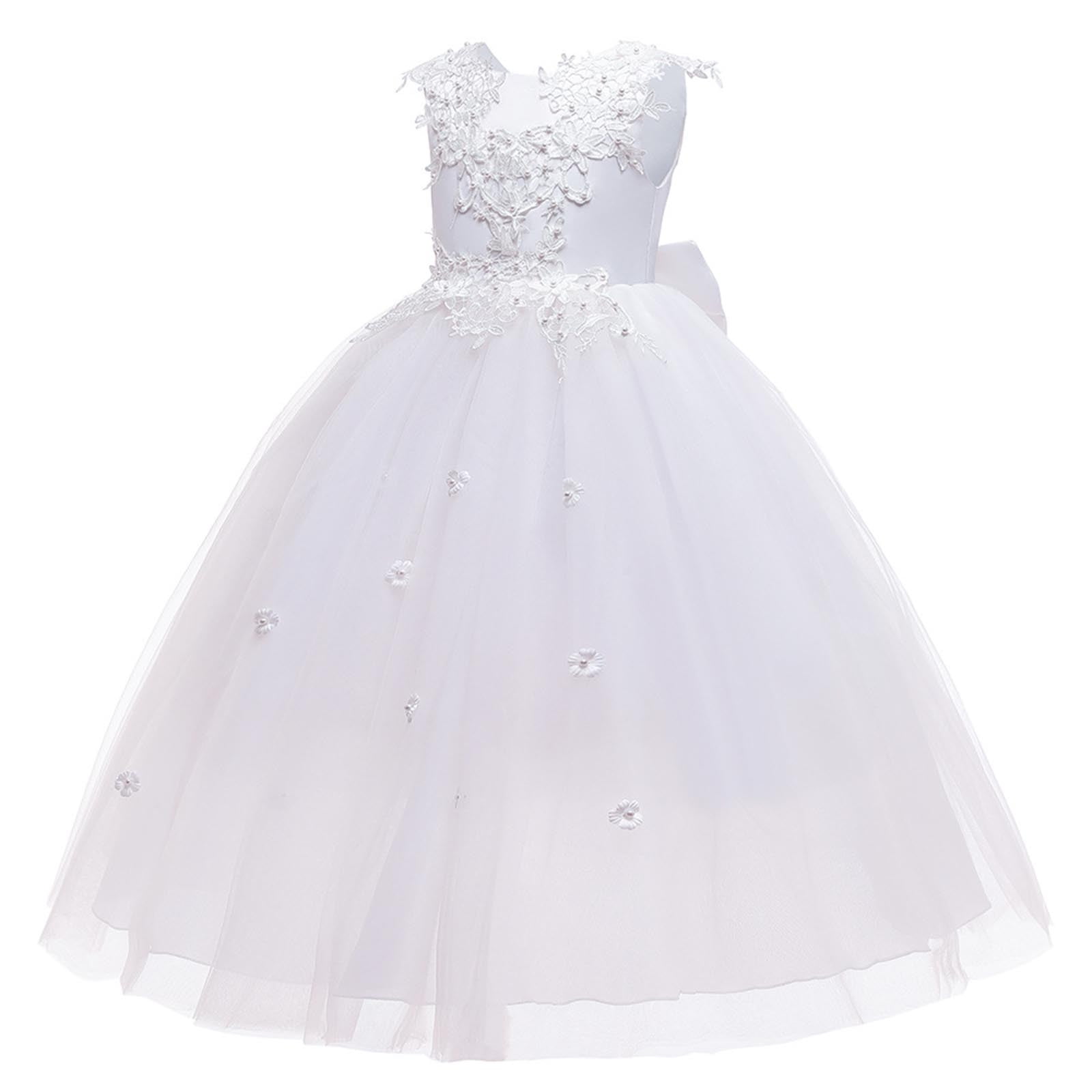 ATOGUTA 7-14 Years Bridesmaid Dresses for Girls Tulle Dresses Bridesmaid Wedding Communion Birthday Party Pageant Maxi Prom Gown for Kids White