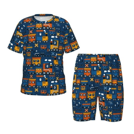Luyuia Funny Steam Train Print Girls  2-Piece Tie-Dye Pajama Set  Cute Summer Loungewear with Shirt and Tank Shorts Nightwear-X-Large