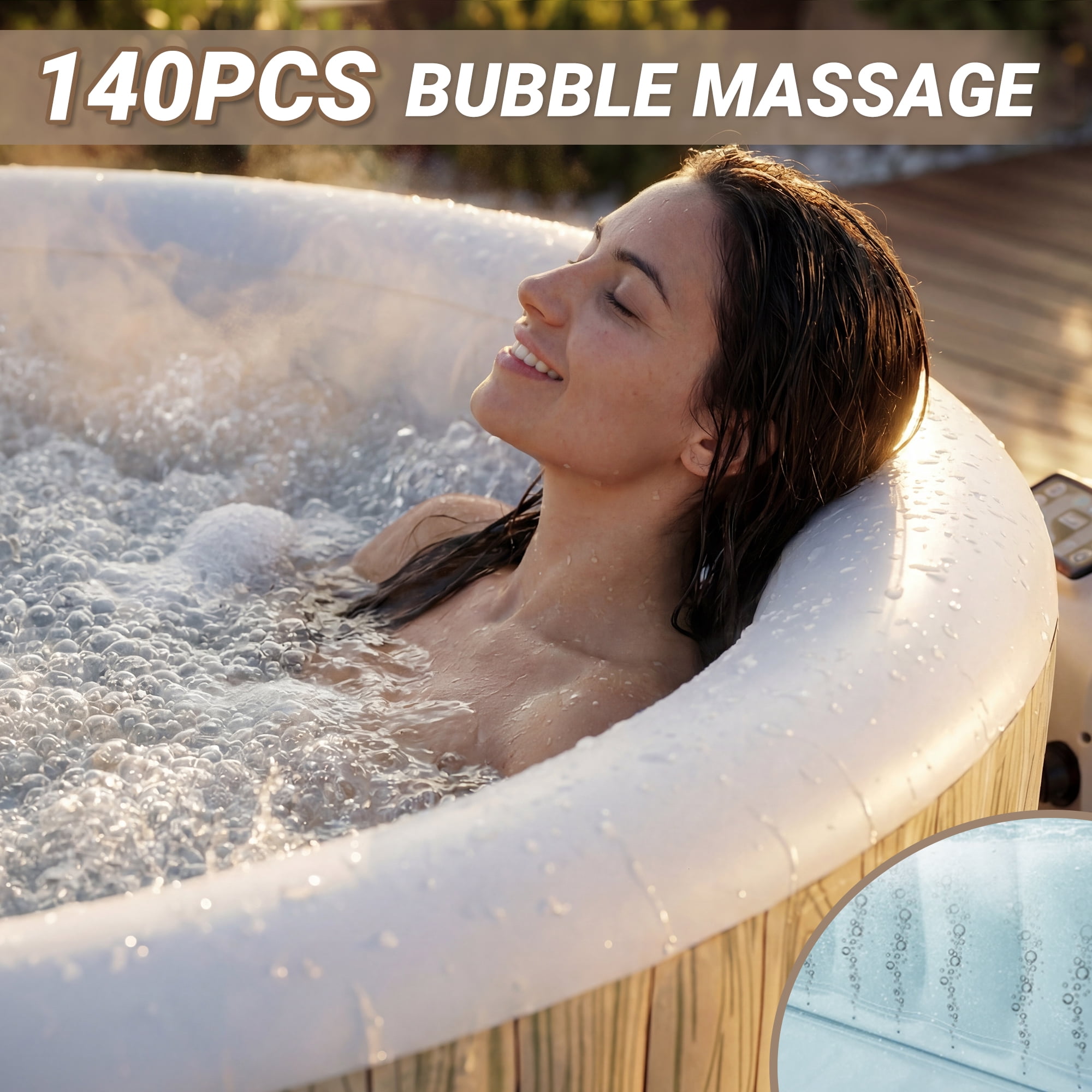 Seizeen Inflatable Hot Tub for 6-8 Person, Outdoor Blow Up Hot Tub 80'' Round Wood Grain, Multifunctional Portable Home SPA with 140 Bubble Jets, Heating & Filtration System, Cover