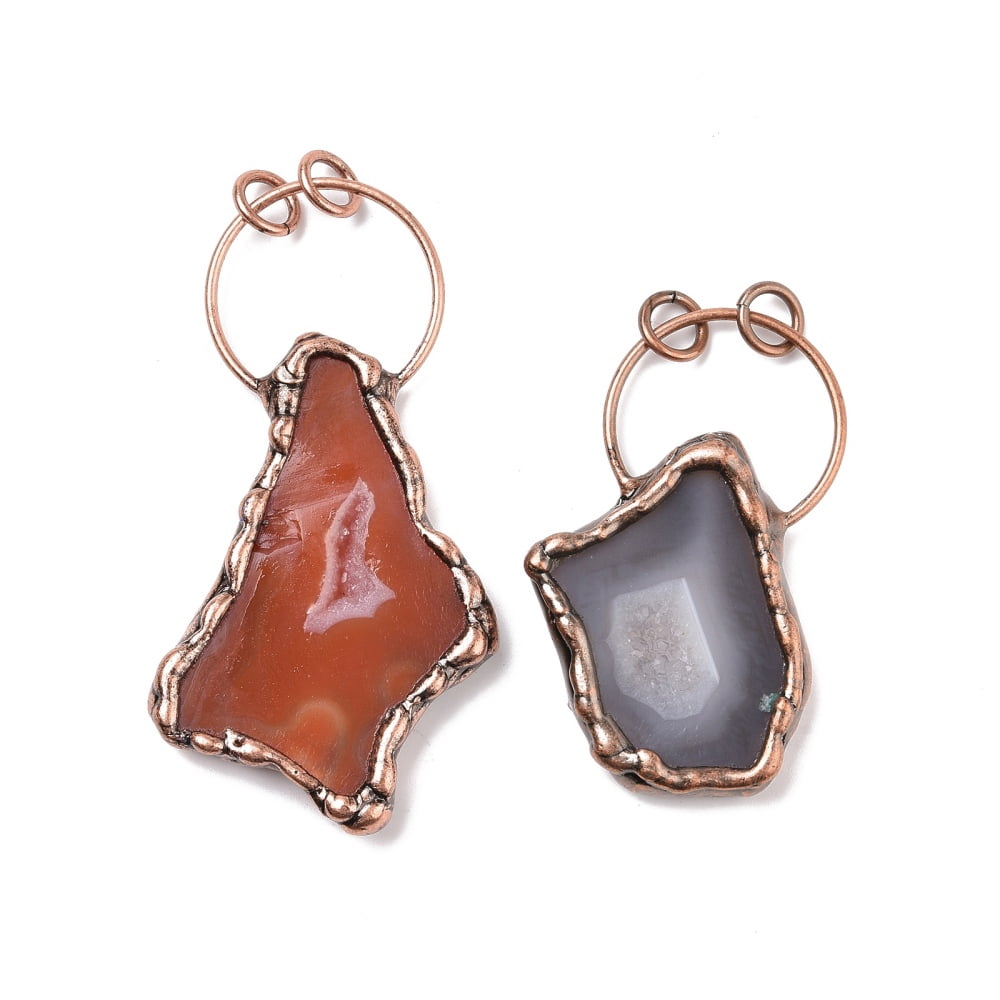 Natural Dyed Druzy Agate Big Pendants with Red Copper Tone Brass Findings and Jump Rings Cadmium Free & Lead Free Polygon Mixed Color 57.5~77x29~45x6~8mm Hole: 6mm